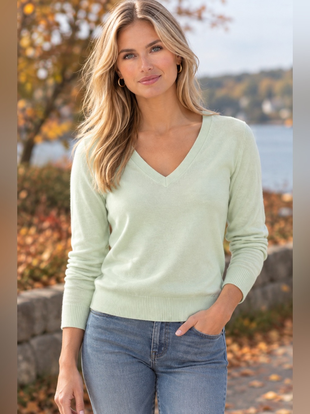 Mint Green J. Crew 100% Cotton Women's V-Neck Lightweight Sweater